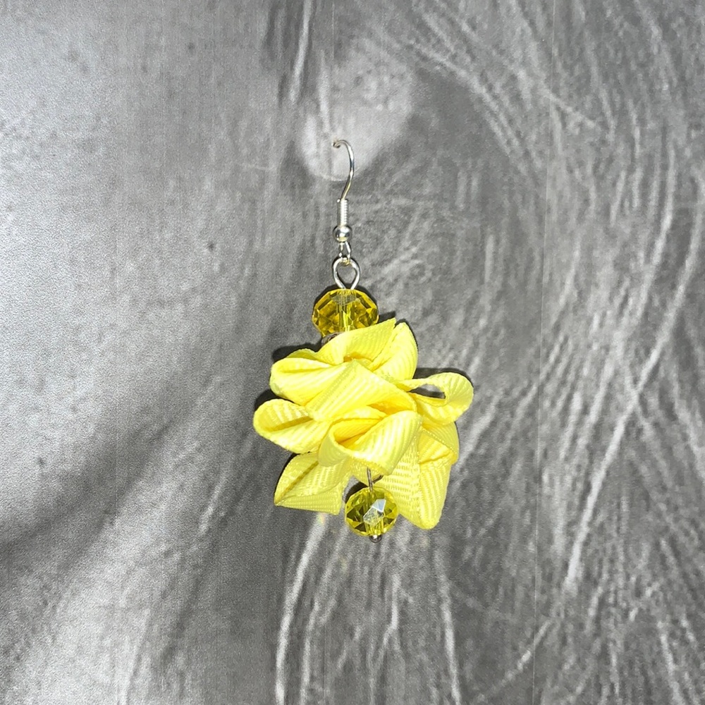 Handcrafted 💛 Yellow Ribbon Dangling Earrings with Faceted Beads